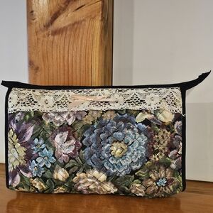 Rialto Floral Quilted Cosmetic Bag with Lace Trim - Cream & Multicolor
